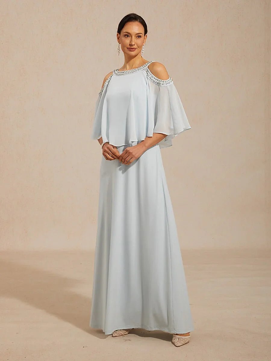 Vestido evasé de gasa con hombros descubiertos y strass - Nhaura