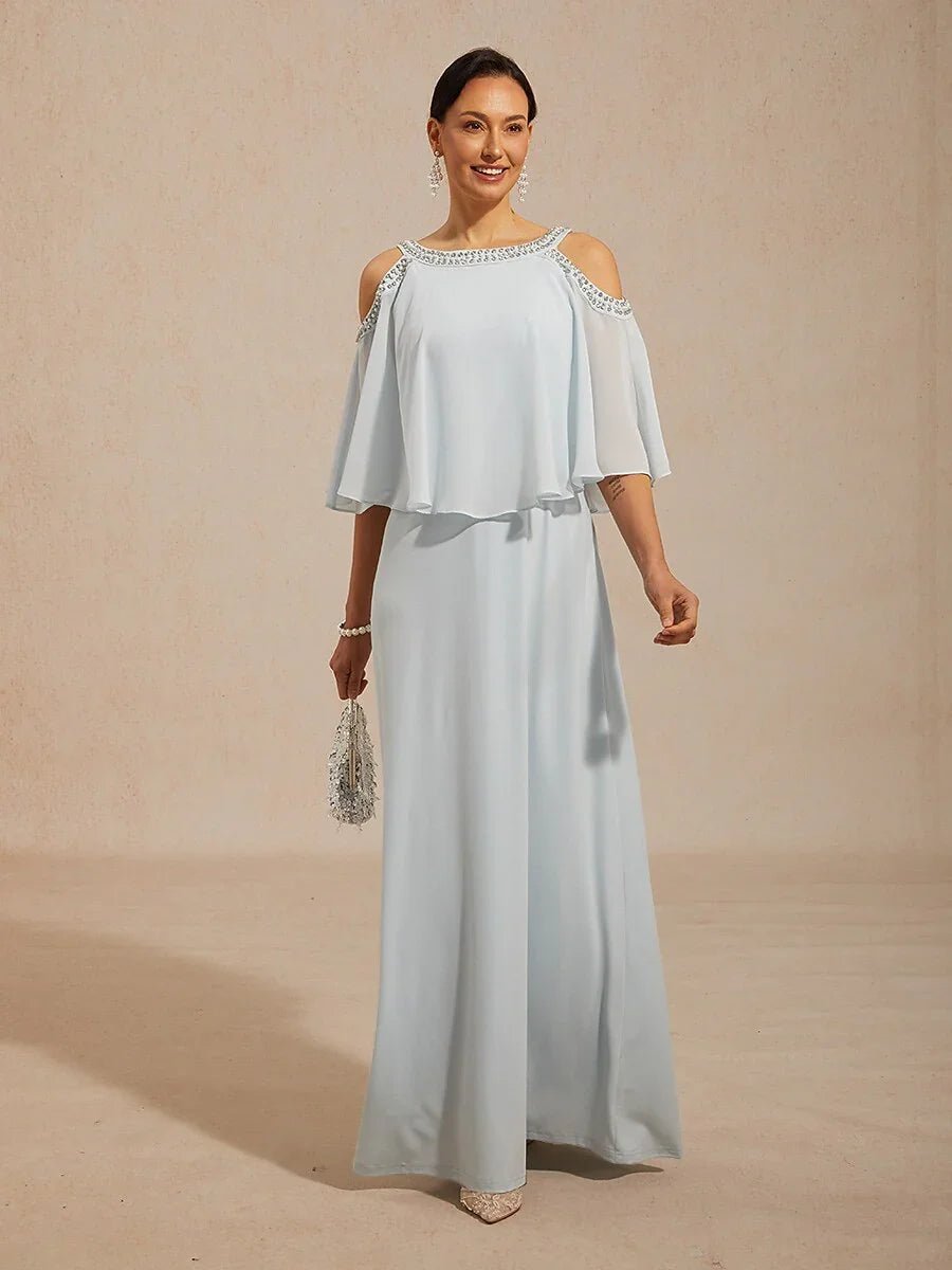 Vestido evasé de gasa con hombros descubiertos y strass - Nhaura