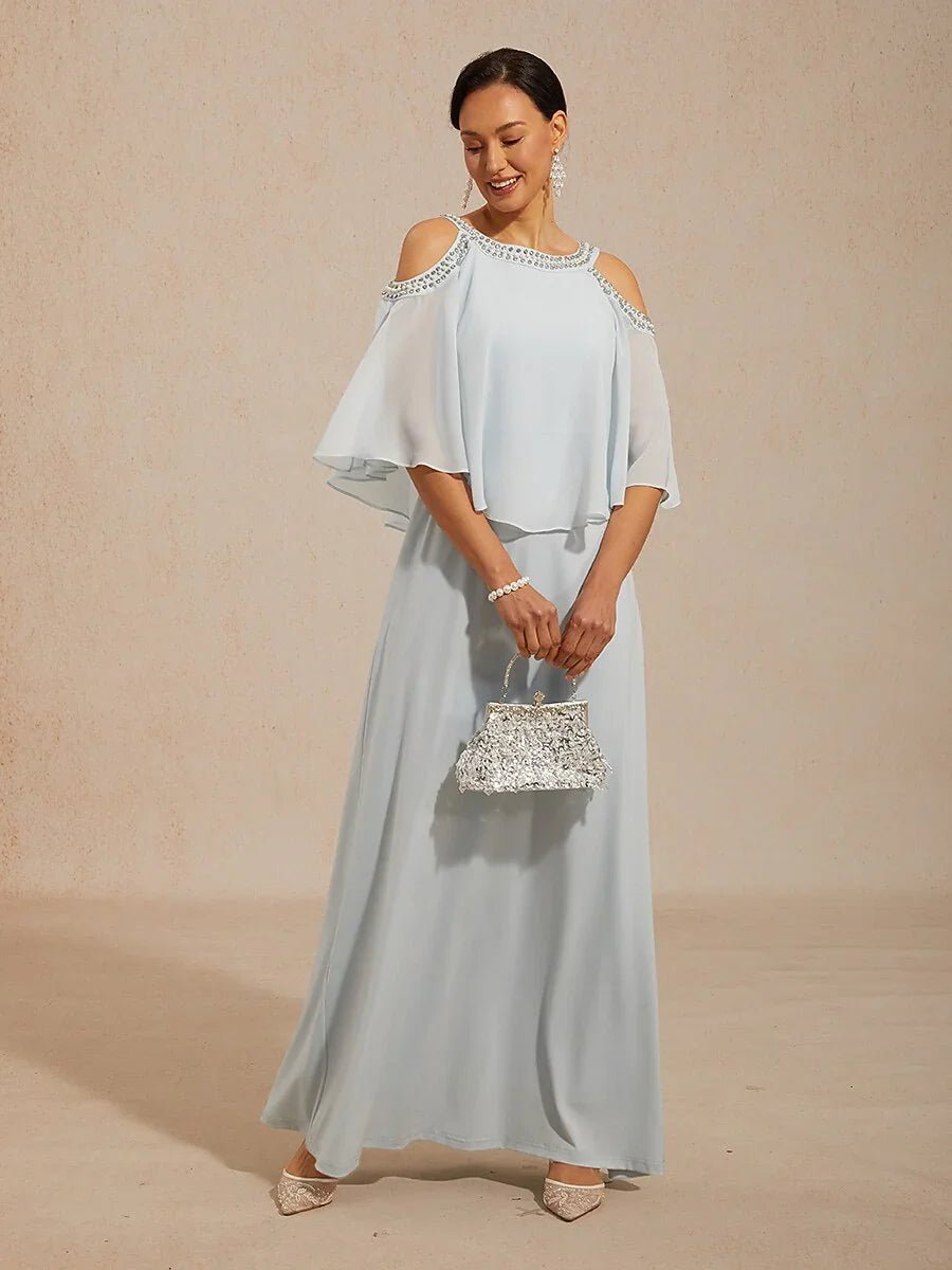 Vestido evasé de gasa con hombros descubiertos y strass - Nhaura
