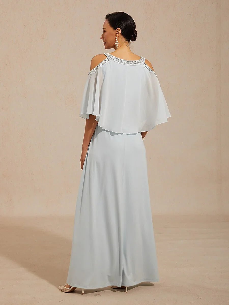 Vestido evasé de gasa con hombros descubiertos y strass - Nhaura
