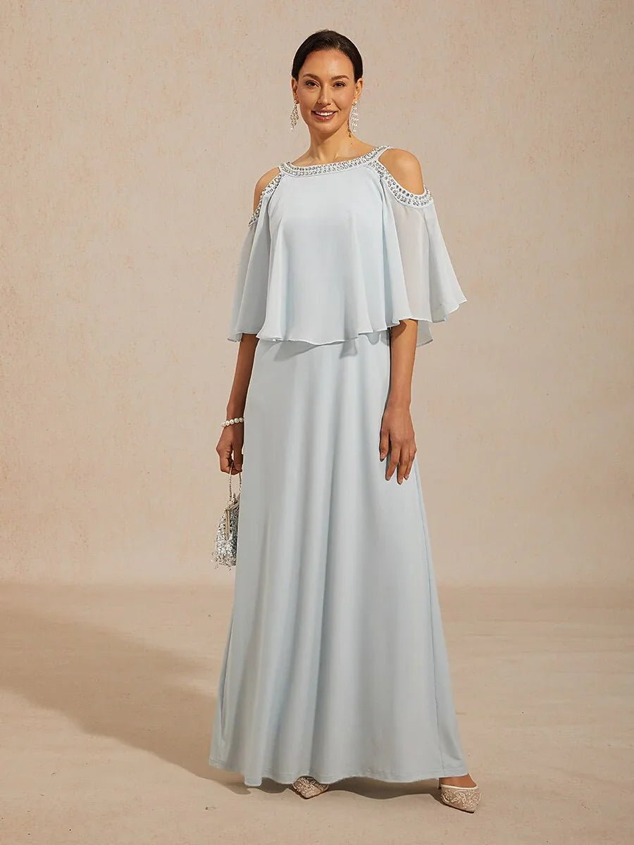 Vestido evasé de gasa con hombros descubiertos y strass - Nhaura