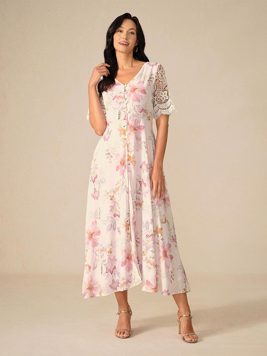 Vestido evasé de gasa floral con mangas de encaje - Nhaura