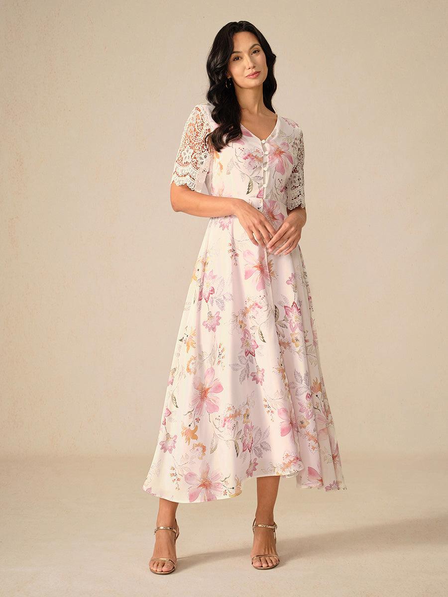 Vestido evasé de gasa floral con mangas de encaje - Nhaura