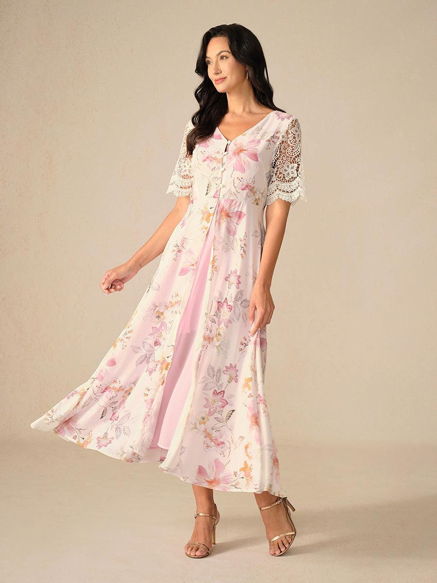 Vestido evasé de gasa floral con mangas de encaje - Nhaura
