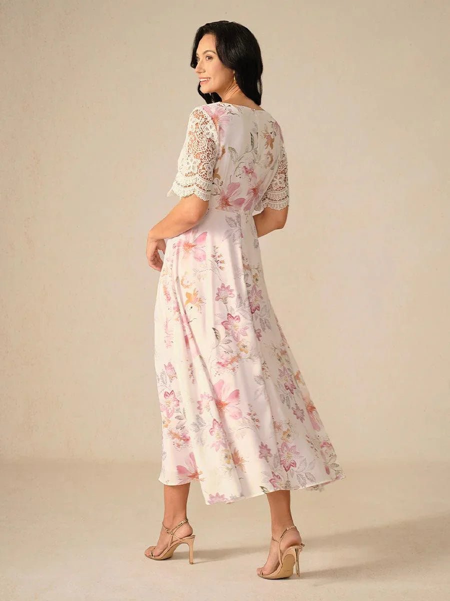 Vestido evasé de gasa floral con mangas de encaje - Nhaura