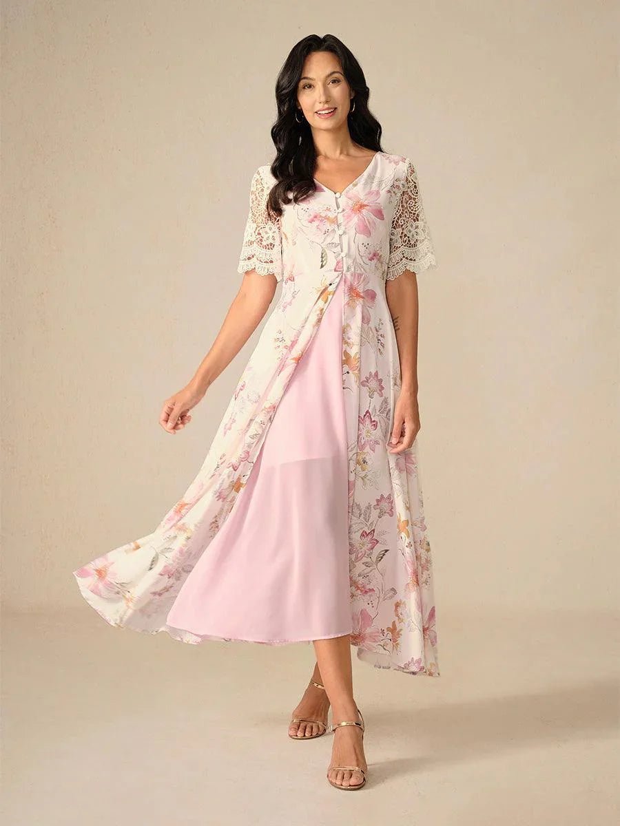 Vestido evasé de gasa floral con mangas de encaje - Nhaura