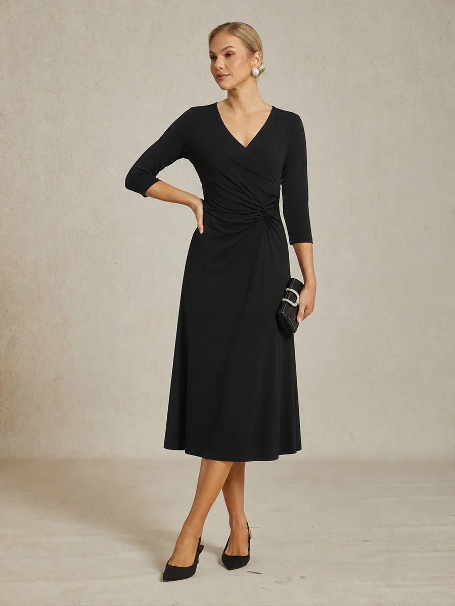 Vestido evasé de punto con escote en V y detalle cruzado en la cintura - Nhaura