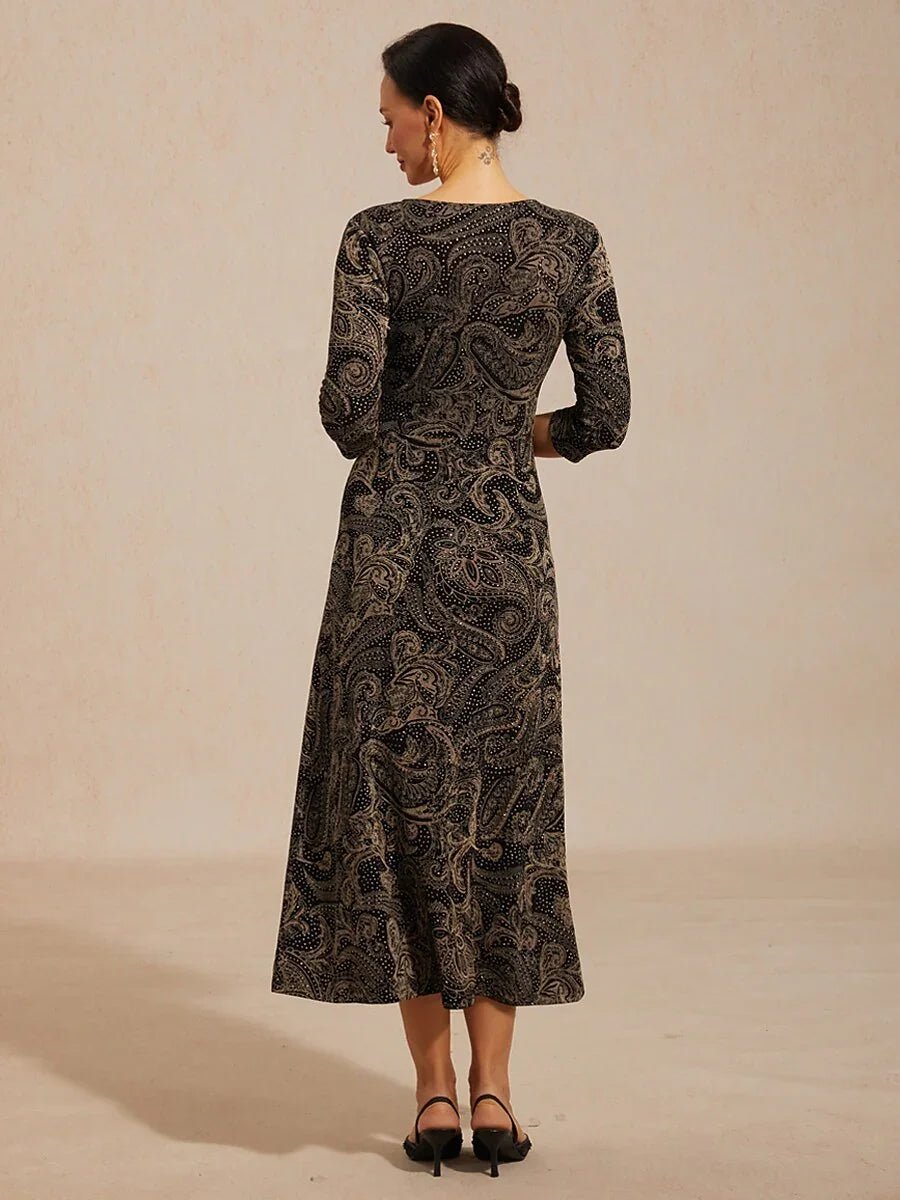 Vestido evasé de punto paisley con escote en V y detalle cruzado en la cintura - Nhaura