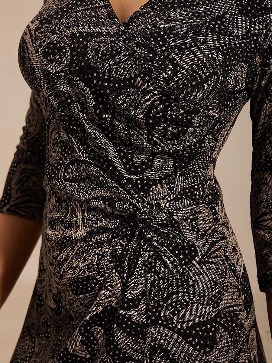 Vestido evasé de punto paisley con escote en V y detalle cruzado en la cintura - Nhaura