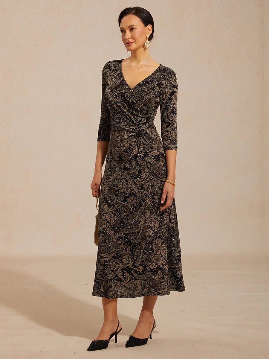 Vestido evasé de punto paisley con escote en V y detalle cruzado en la cintura - Nhaura