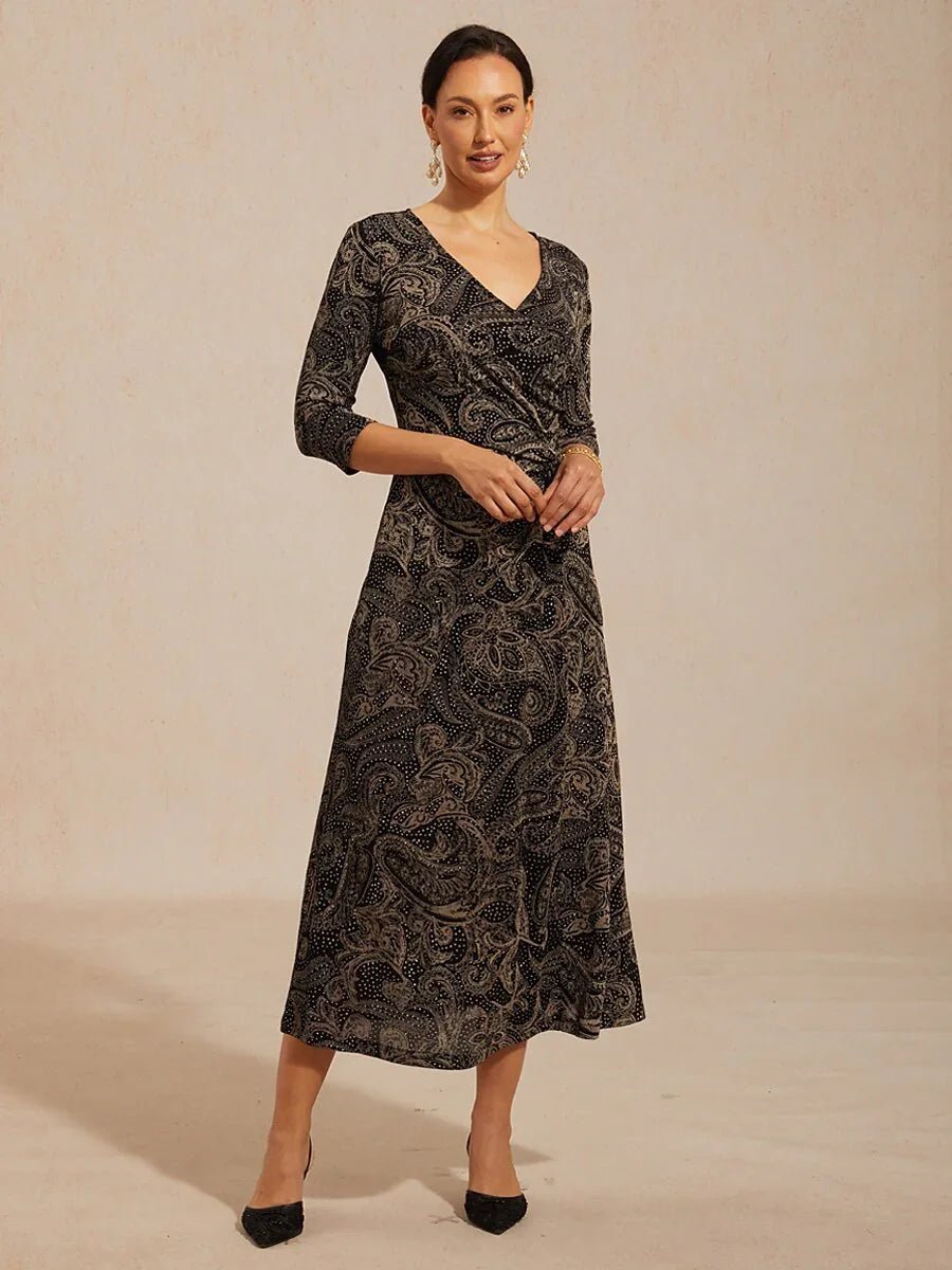Vestido evasé de punto paisley con escote en V y detalle cruzado en la cintura - Nhaura