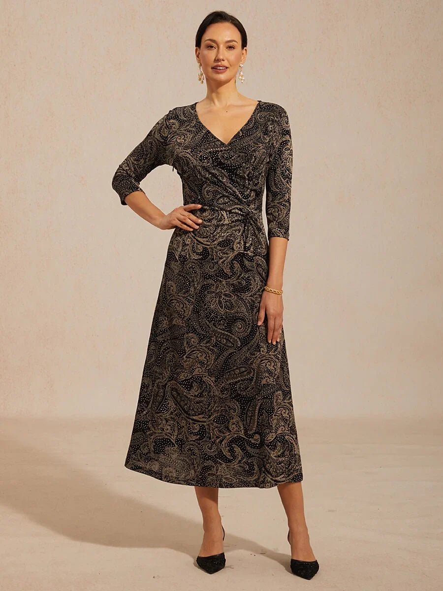 Vestido evasé de punto paisley con escote en V y detalle cruzado en la cintura - Nhaura