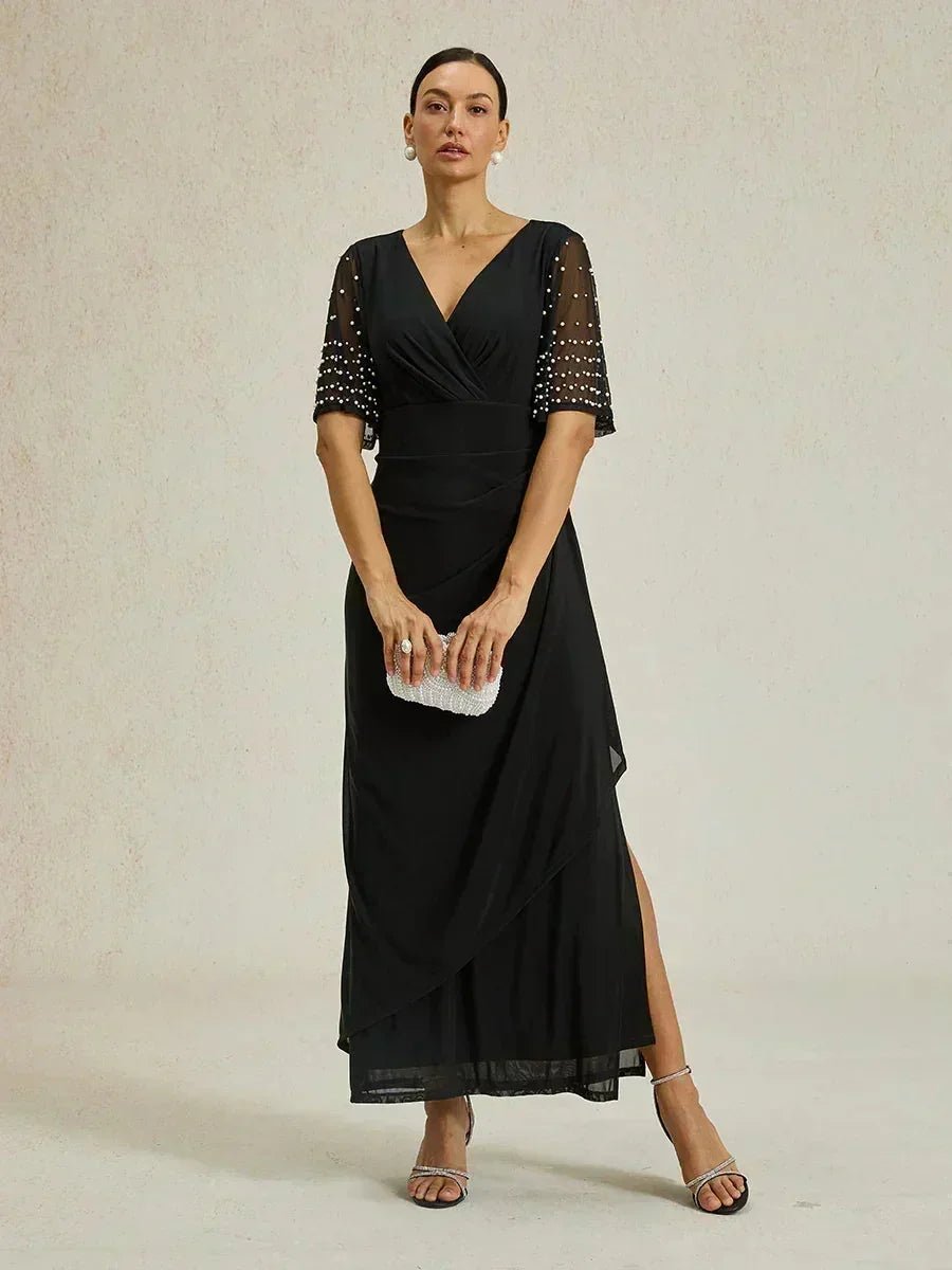 Vestido formal elegante con mangas fluidas adornadas - Nhaura