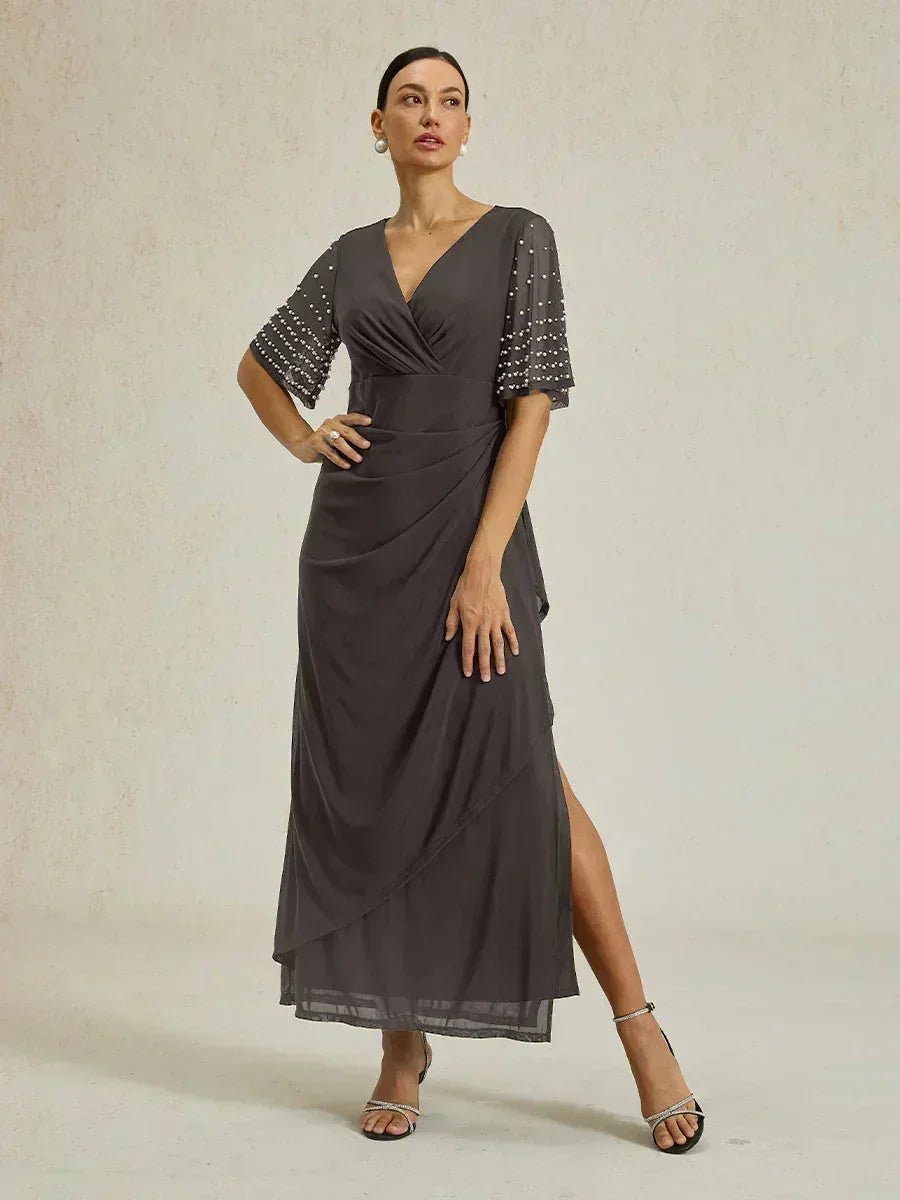 Vestido formal elegante con mangas fluidas adornadas - Nhaura