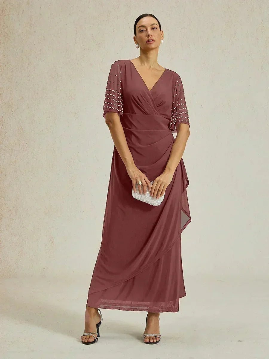 Vestido formal elegante con mangas fluidas adornadas - Nhaura