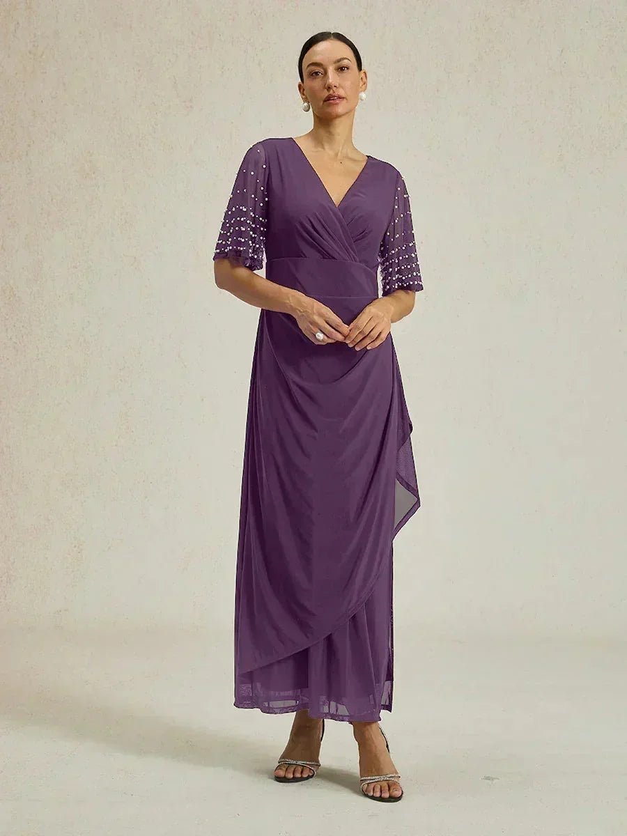 Vestido formal elegante con mangas fluidas adornadas - Nhaura
