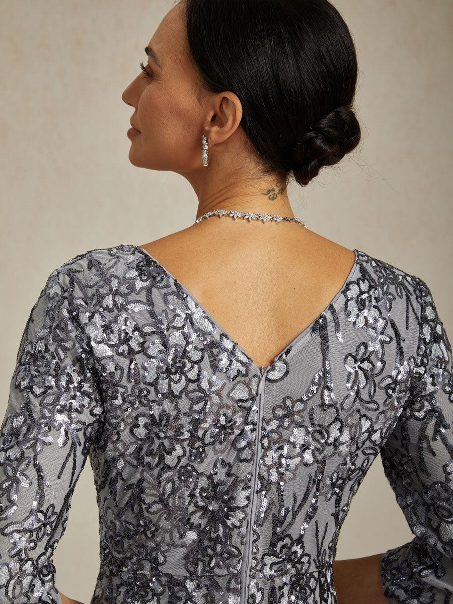 Vestido largo de encaje bordado con lentejuelas y escote en V - Nhaura