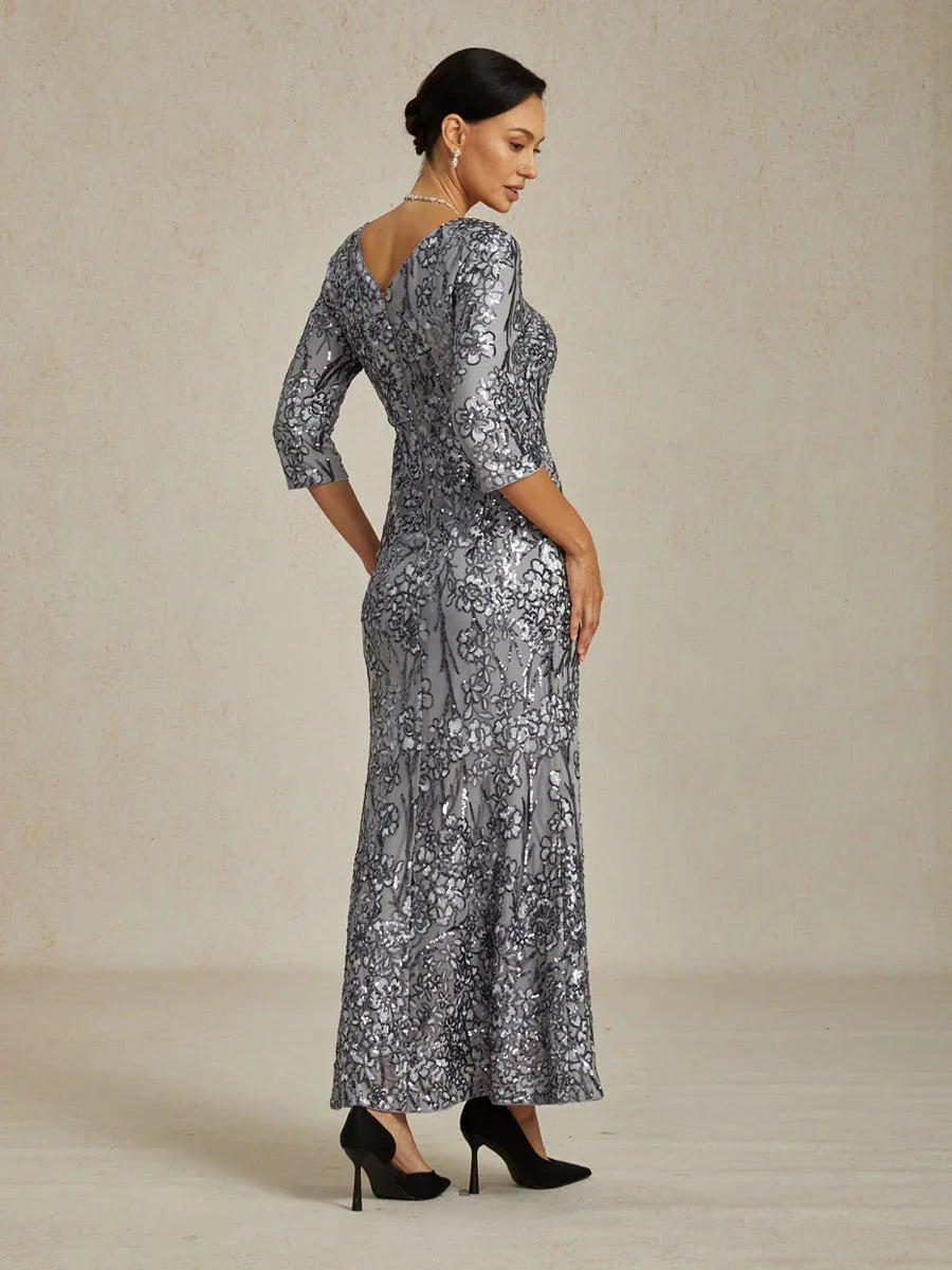 Vestido largo de encaje bordado con lentejuelas y escote en V - Nhaura