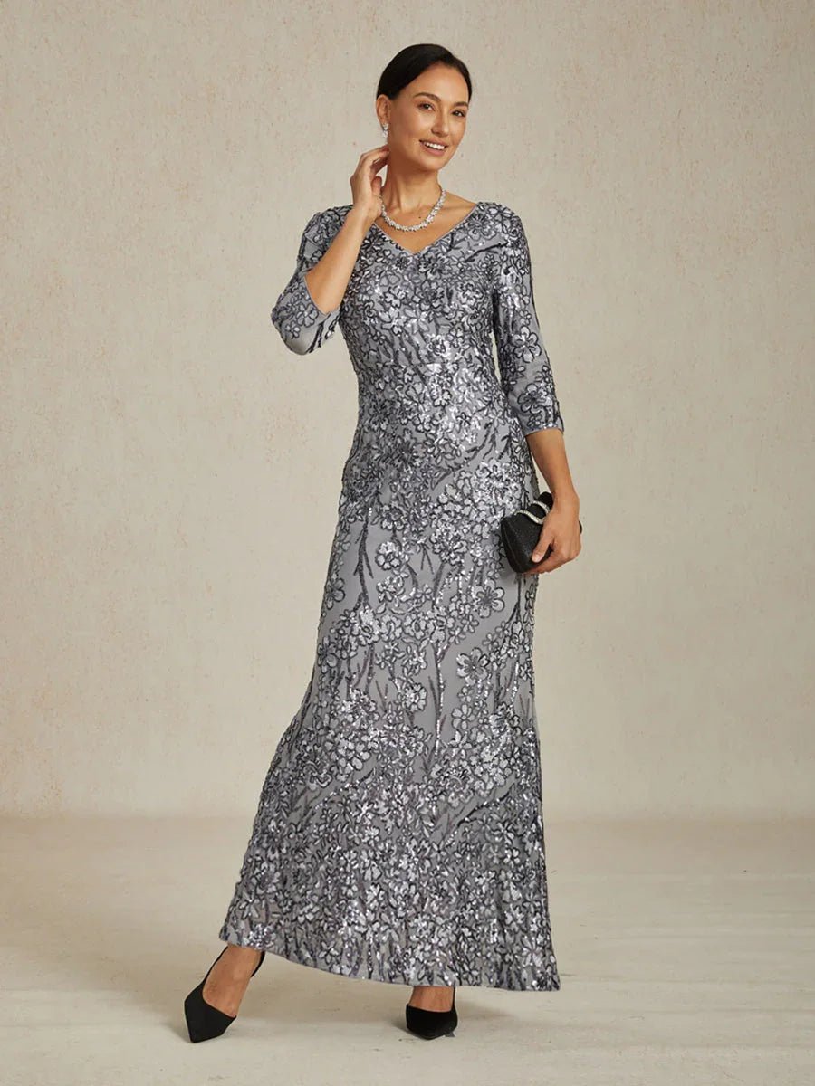 Vestido largo de encaje bordado con lentejuelas y escote en V - Nhaura