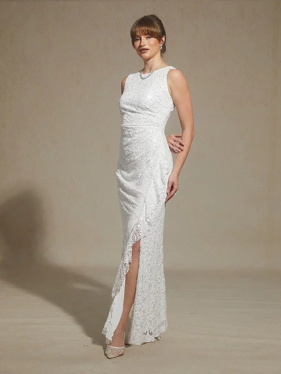 Vestido largo de encaje con lentejuelas y detalle de volante - Nhaura