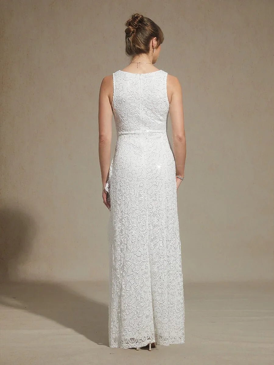Vestido largo de encaje con lentejuelas y detalle de volante - Nhaura