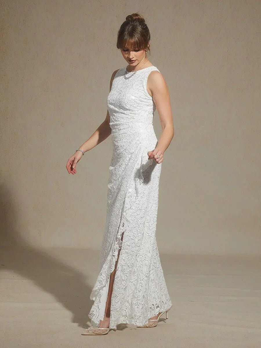 Vestido largo de encaje con lentejuelas y detalle de volante - Nhaura