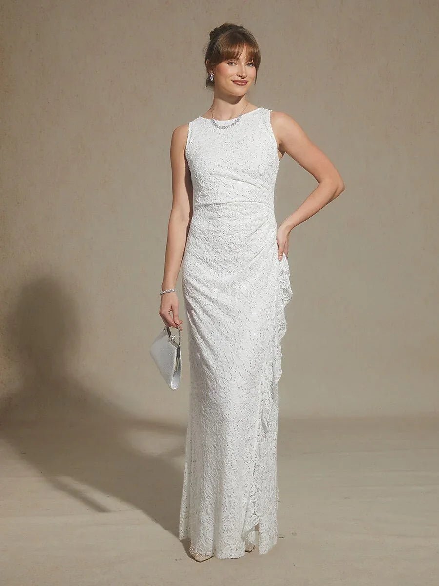 Vestido largo de encaje con lentejuelas y detalle de volante - Nhaura