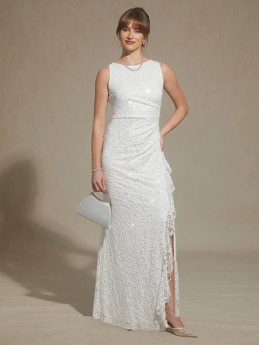 Vestido largo de encaje con lentejuelas y detalle de volante - Nhaura