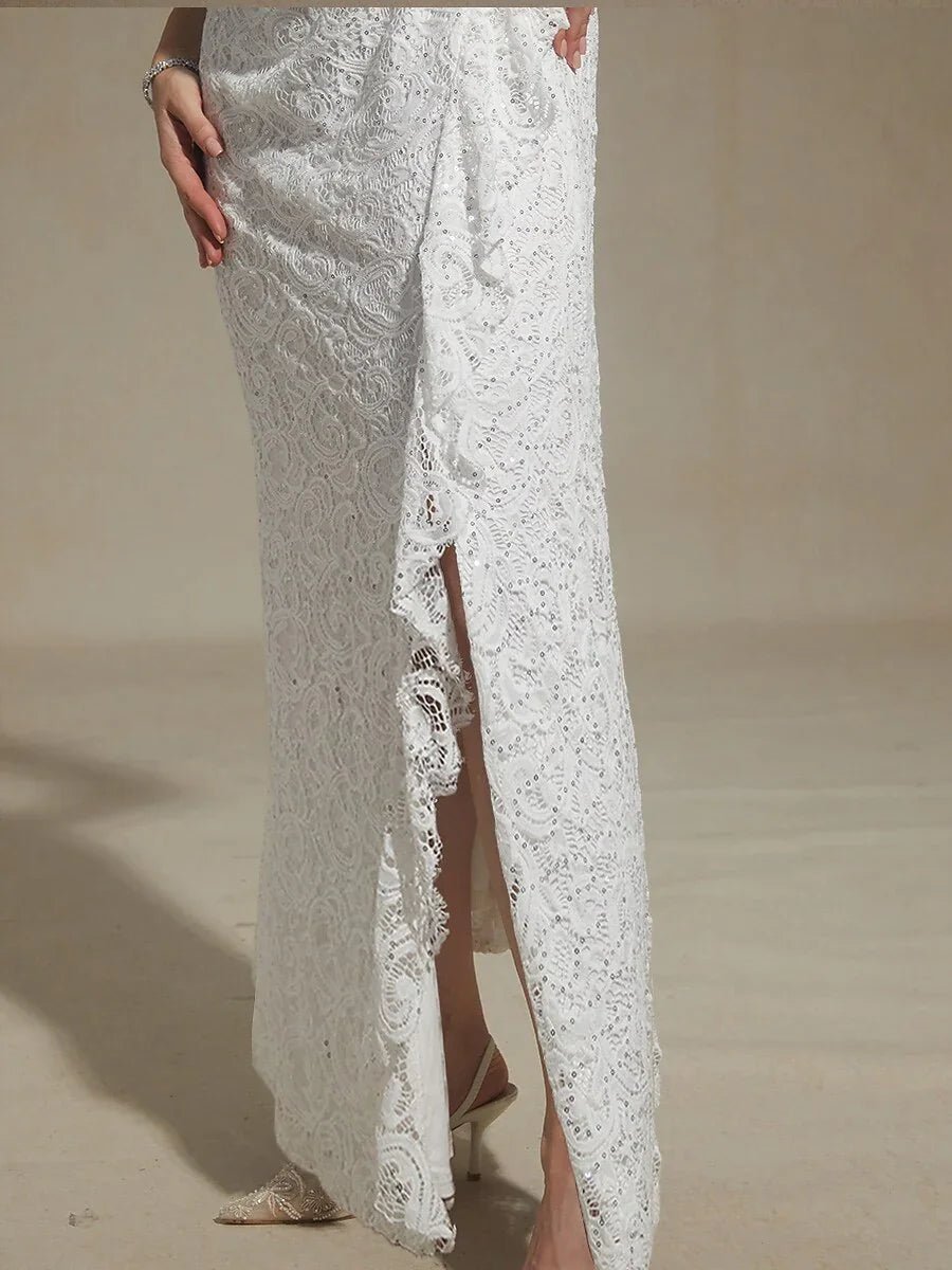 Vestido largo de encaje con lentejuelas y detalle de volante - Nhaura