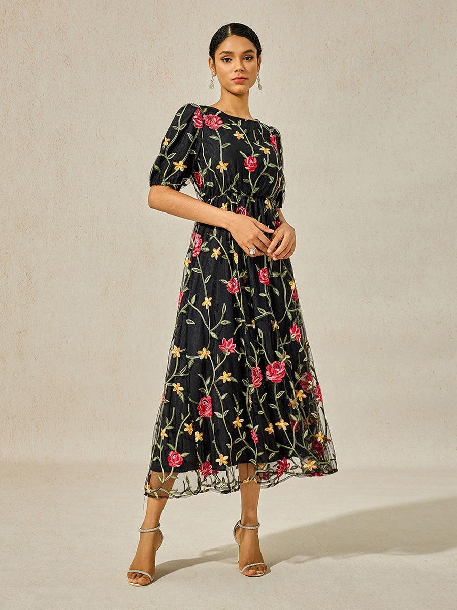 Vestido largo de encaje floral bordado - Nhaura