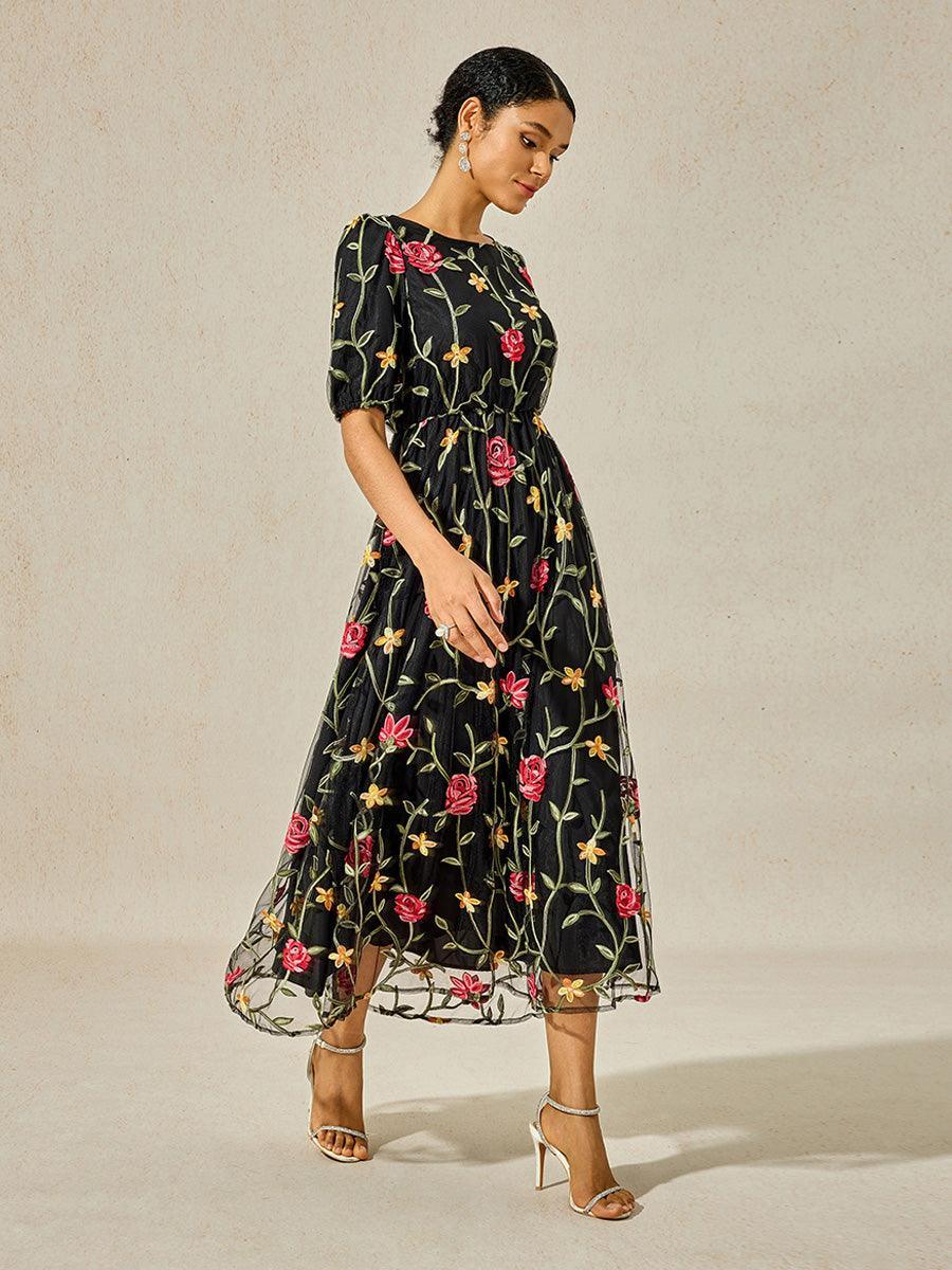 Vestido largo de encaje floral bordado - Nhaura