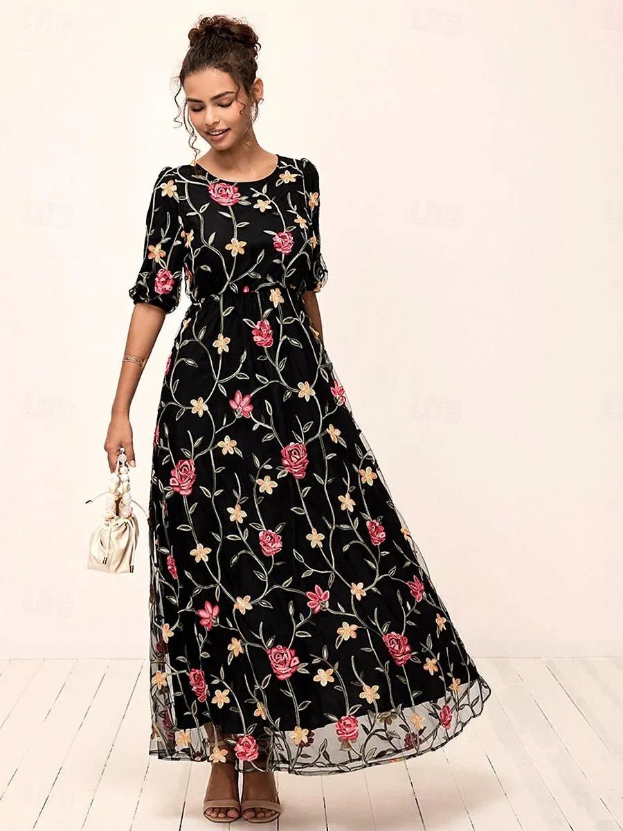 Vestido largo de encaje floral bordado - Nhaura