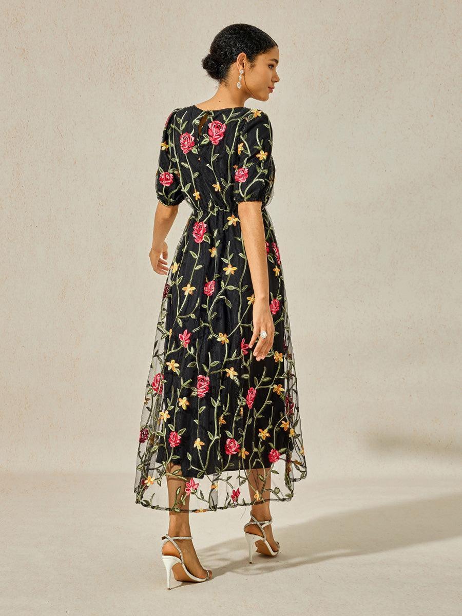 Vestido largo de encaje floral bordado - Nhaura