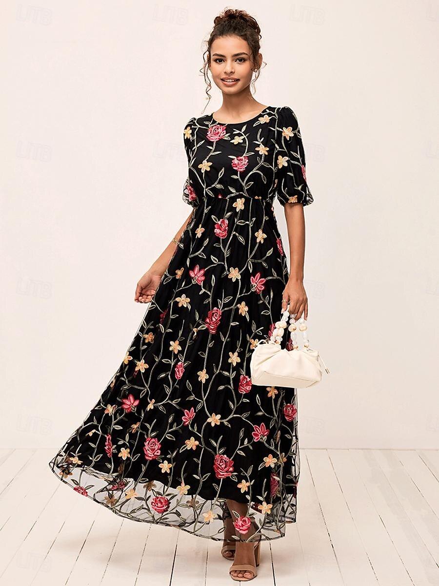 Vestido largo de encaje floral bordado - Nhaura