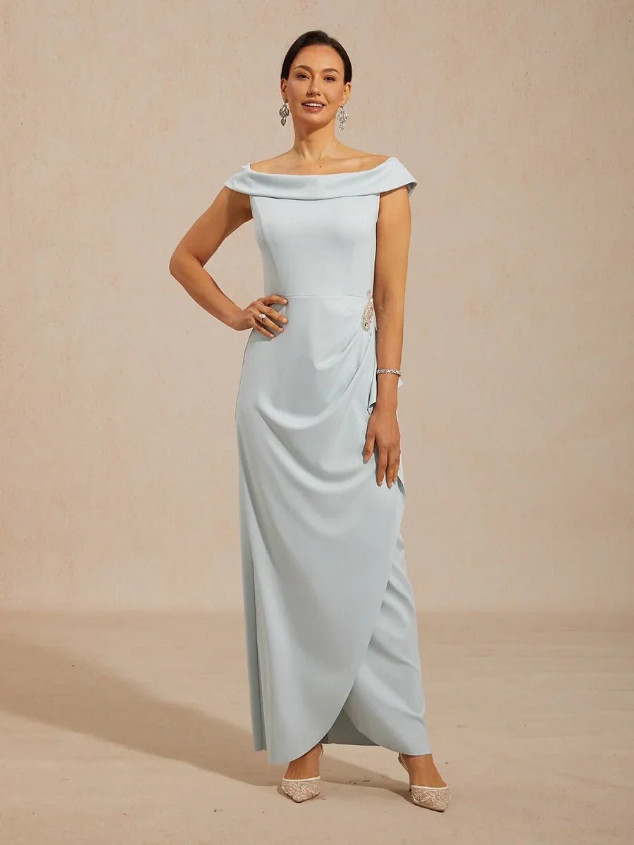 Vestido largo de hombros descubiertos con fruncido y adorno de strass - Nhaura