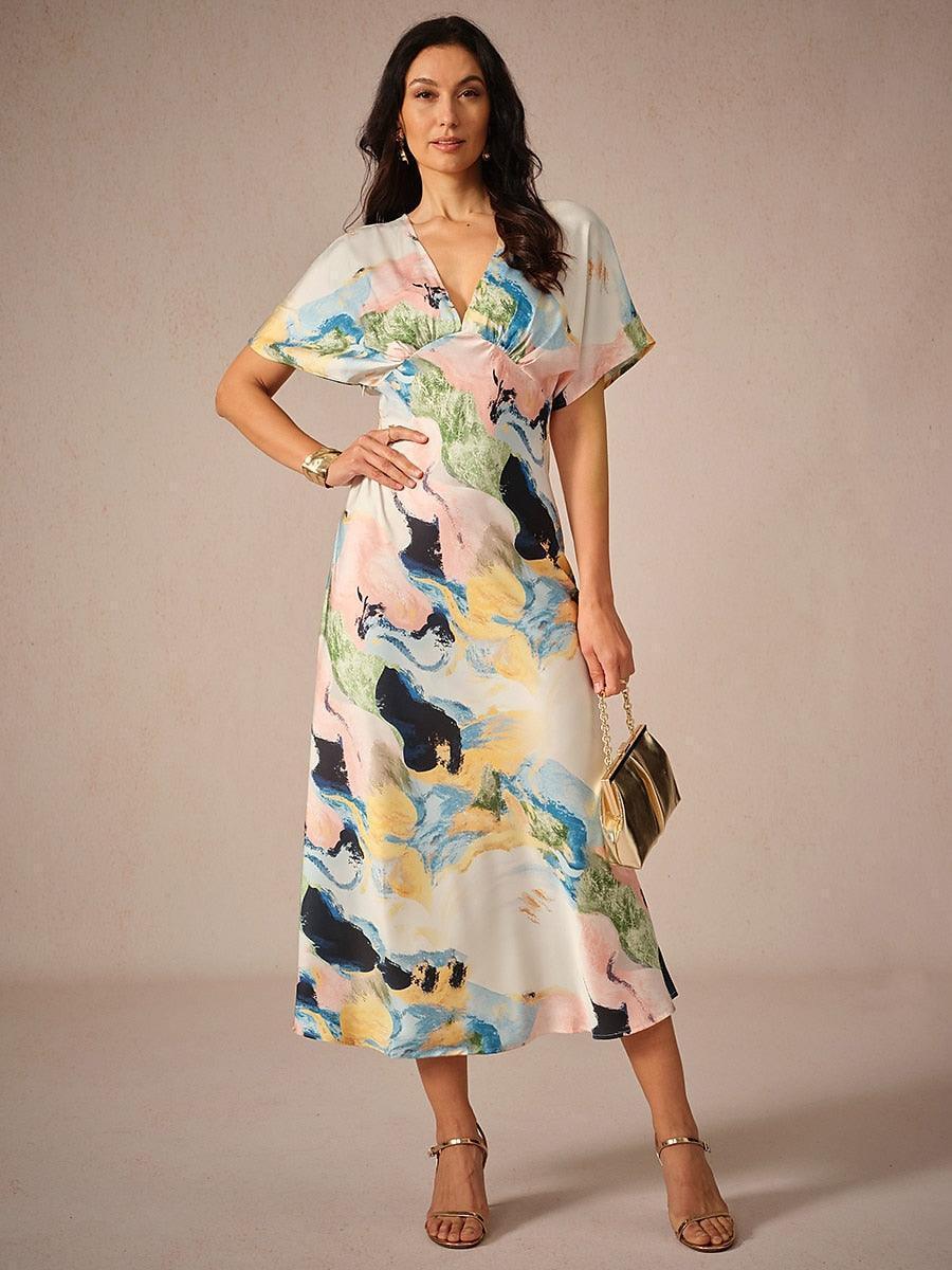 Vestido largo de satén con estampado marmoleado tie-dye - Nhaura