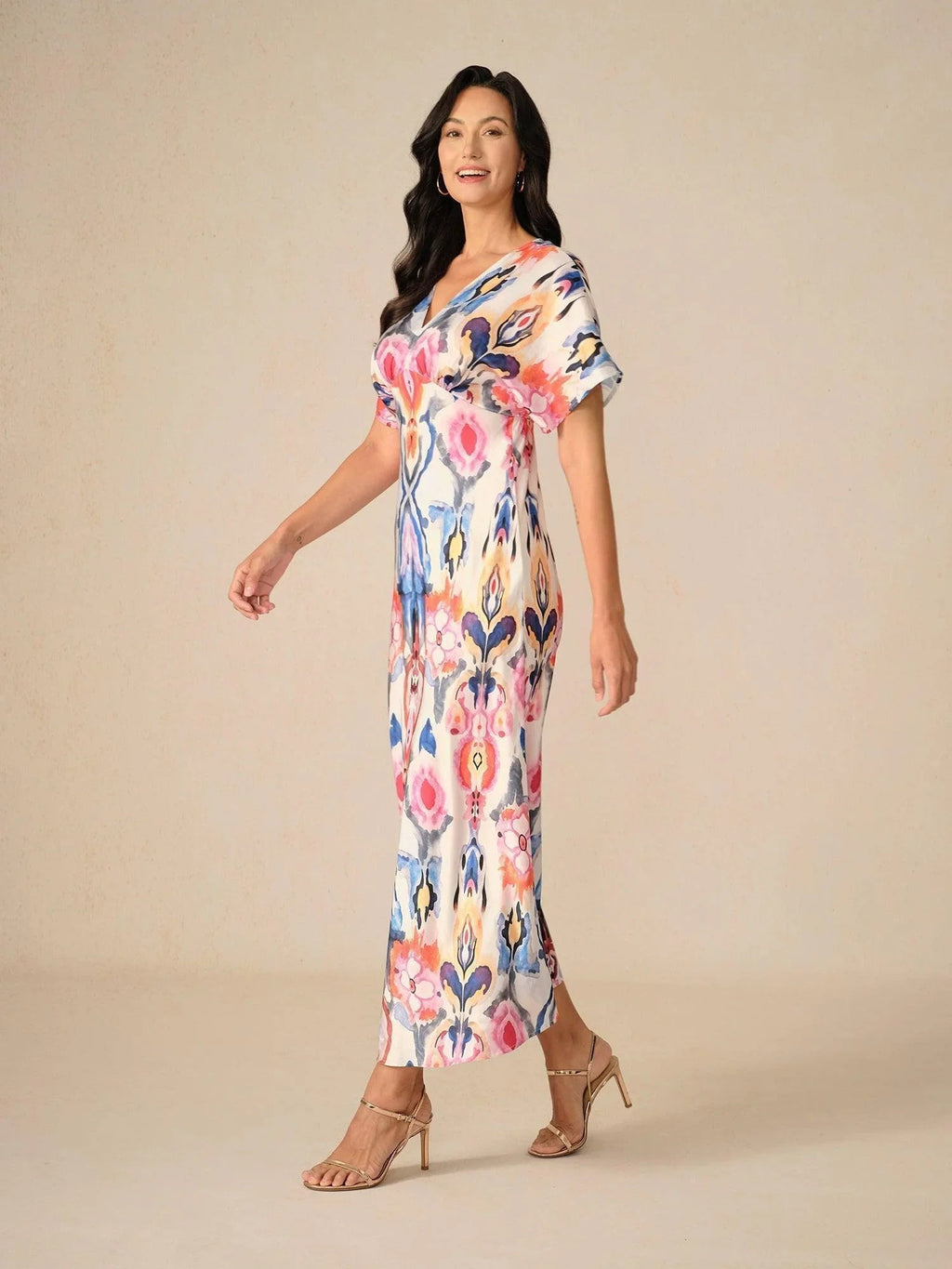 Vestido largo de satén con estampado marmoleado tie-dye - Nhaura