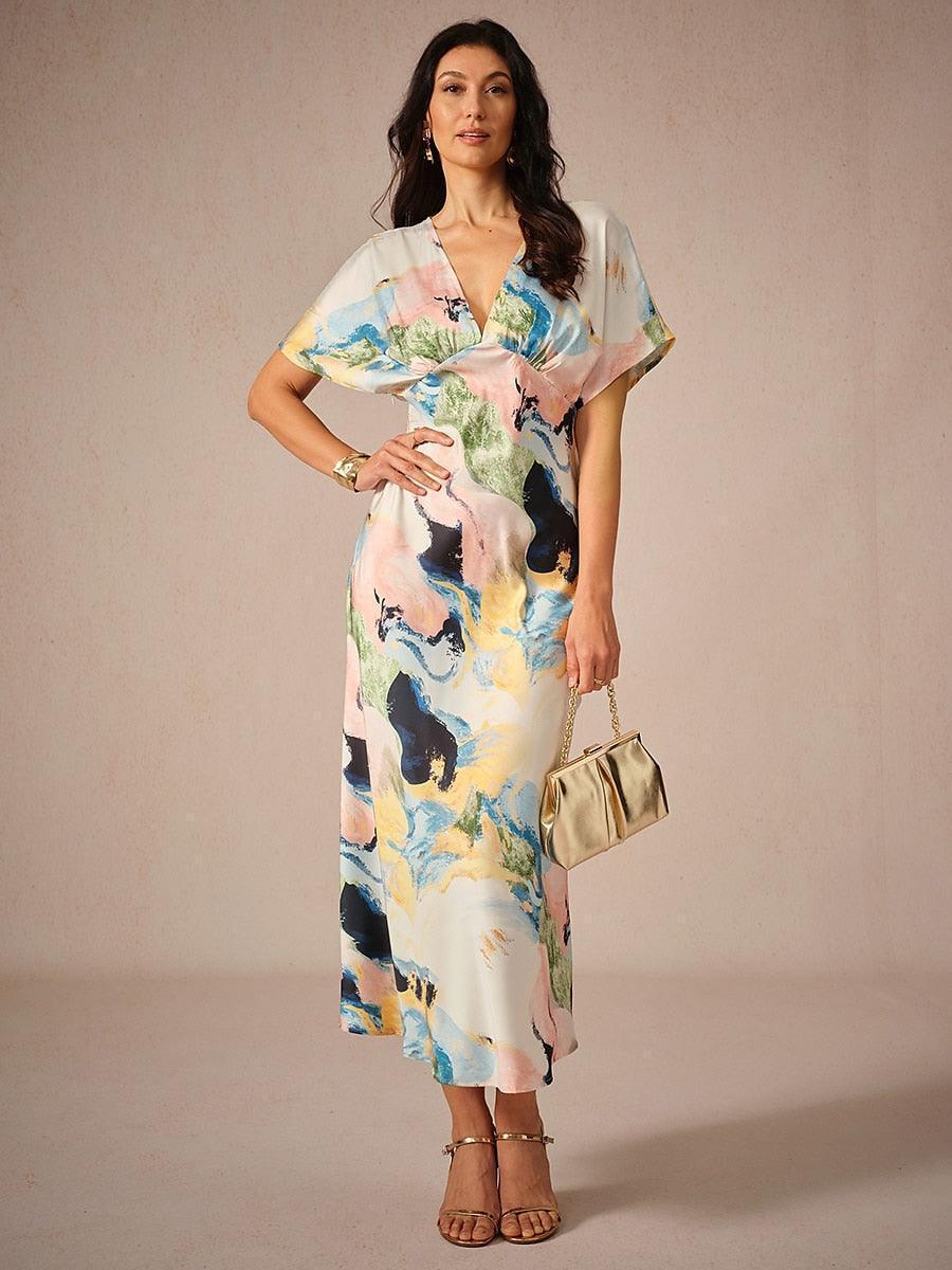 Vestido largo de satén con estampado marmoleado tie-dye - Nhaura