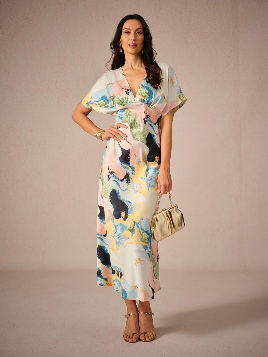 Vestido largo de satén con estampado marmoleado tie-dye - Nhaura