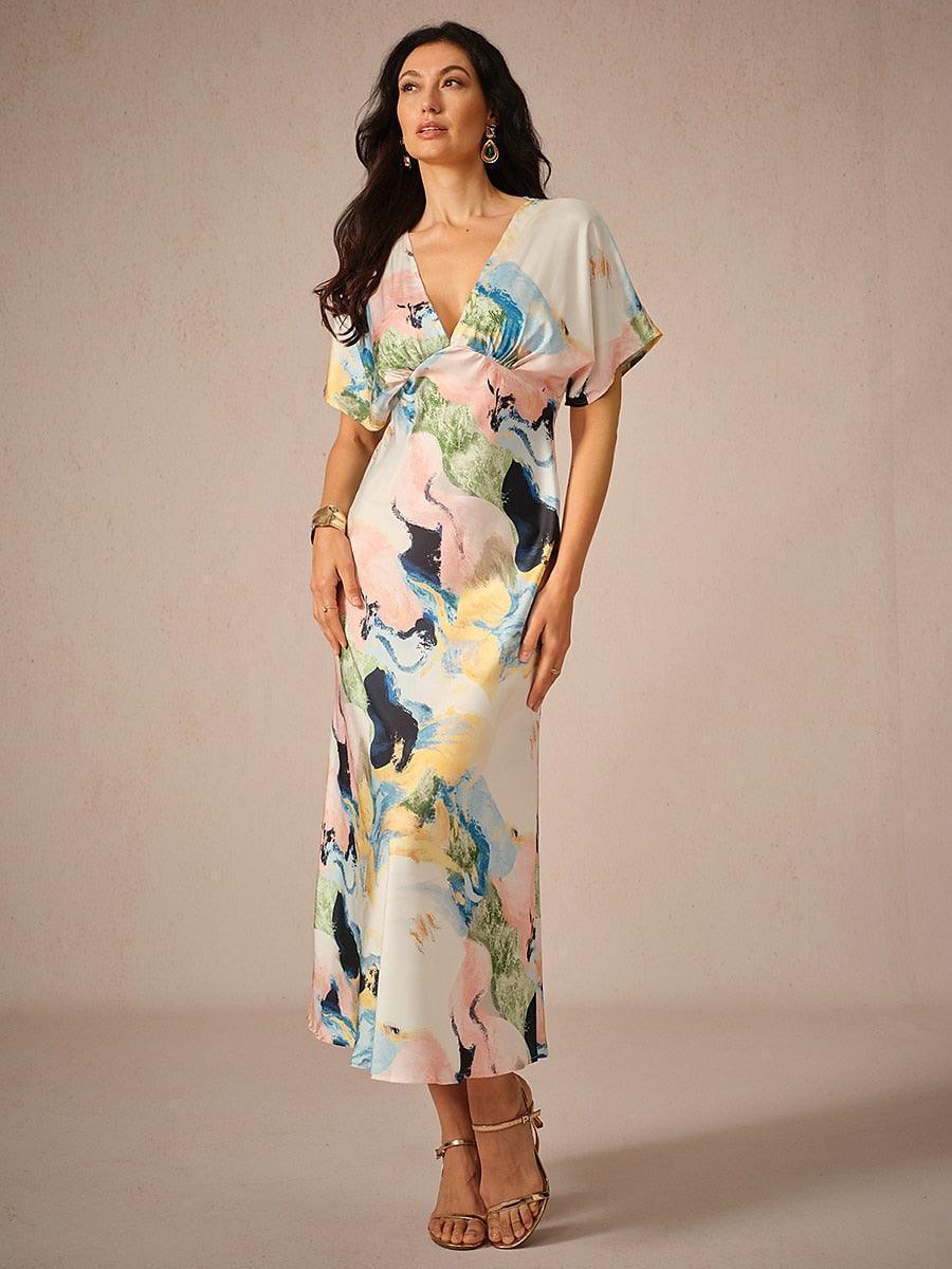 Vestido largo de satén con estampado marmoleado tie-dye - Nhaura