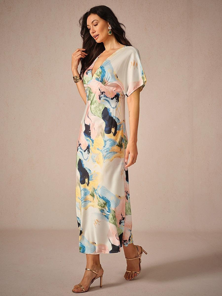 Vestido largo de satén con estampado marmoleado tie-dye - Nhaura