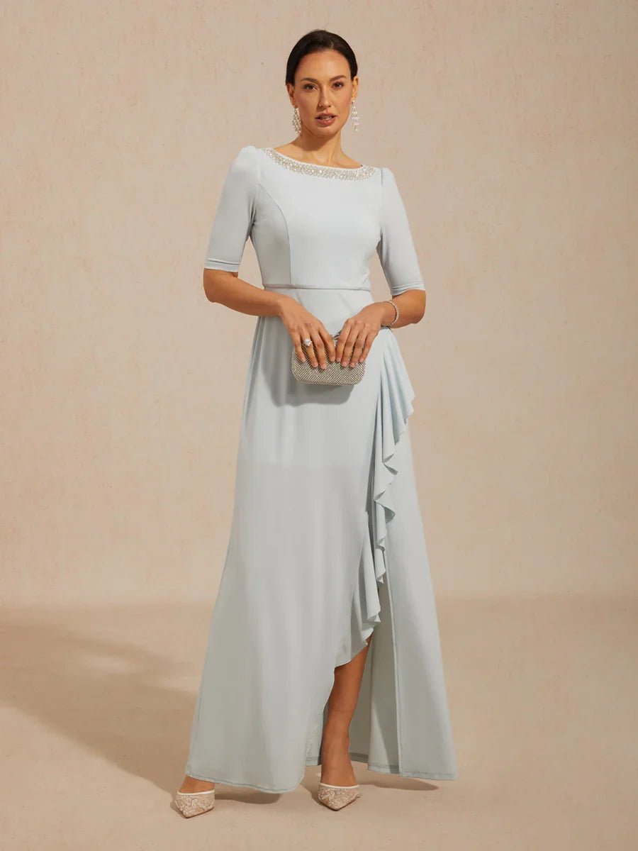 Vestido largo evasé con cuello barco, volantes y detalle de strass en el cuello - Nhaura