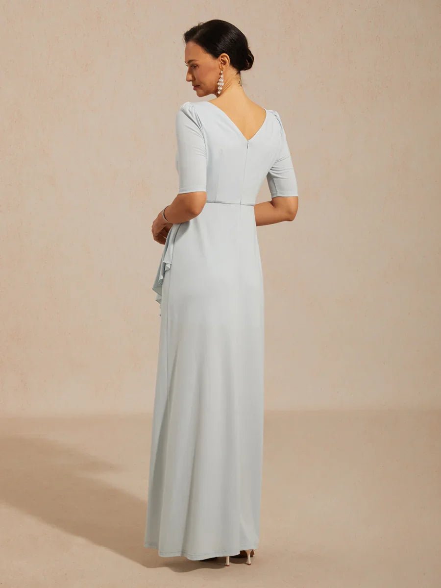 Vestido largo evasé con cuello barco, volantes y detalle de strass en el cuello - Nhaura