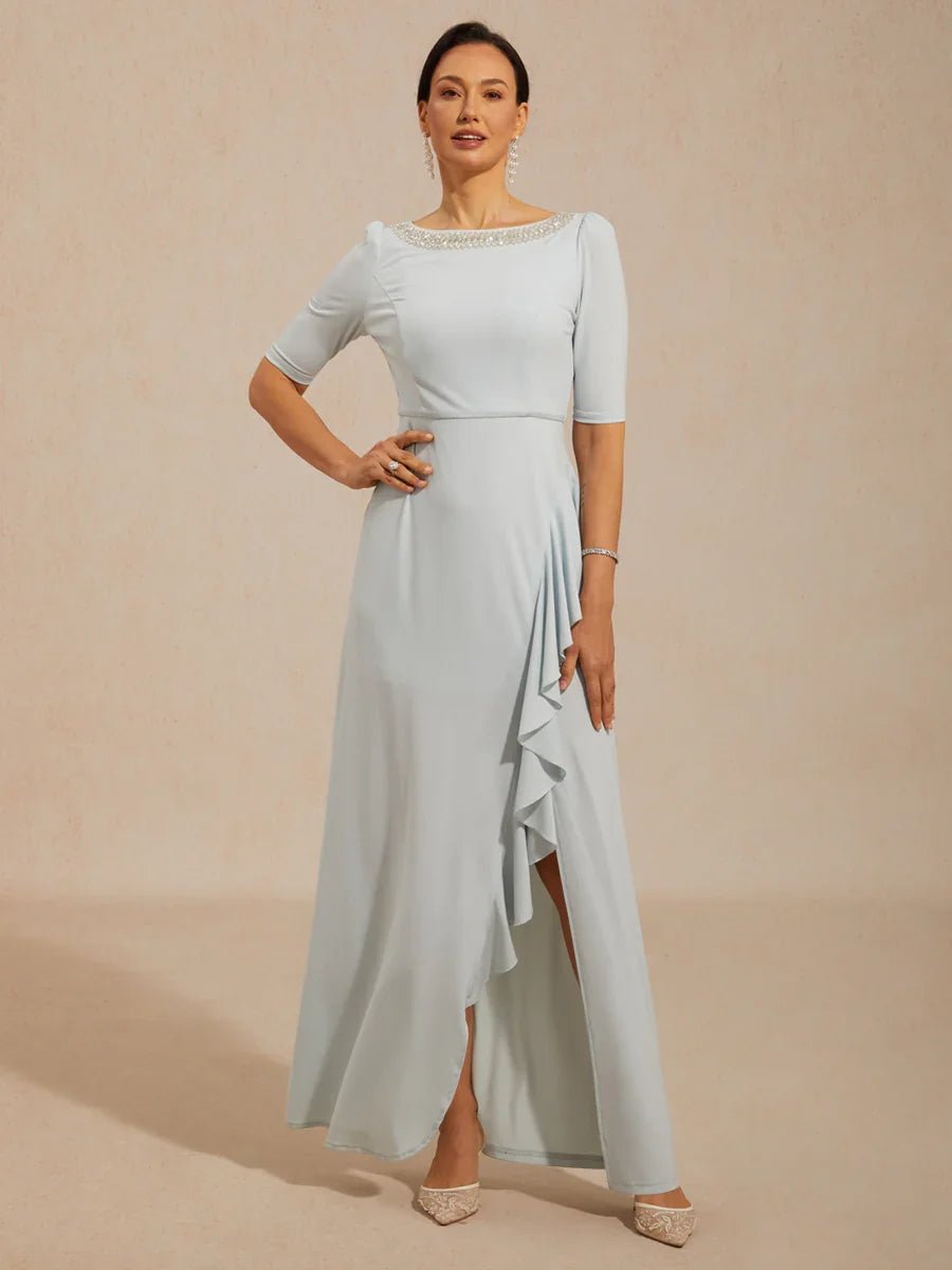 Vestido largo evasé con cuello barco, volantes y detalle de strass en el cuello - Nhaura