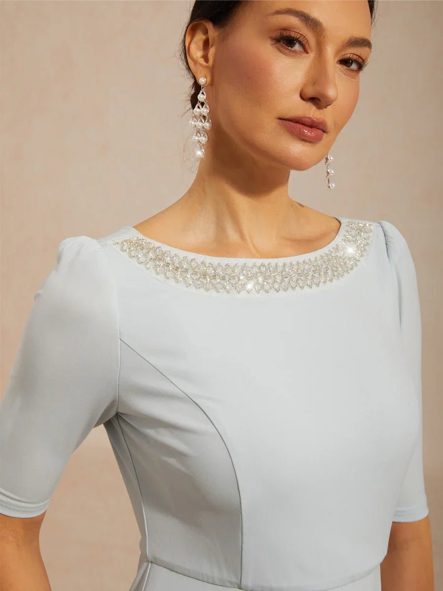 Vestido largo evasé con cuello barco, volantes y detalle de strass en el cuello - Nhaura