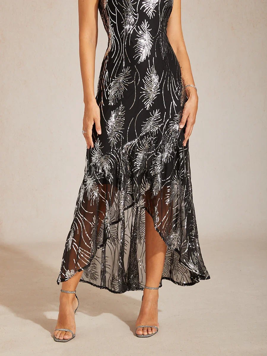 Vestido largo evasé sin mangas con tul de lentejuelas - Nhaura
