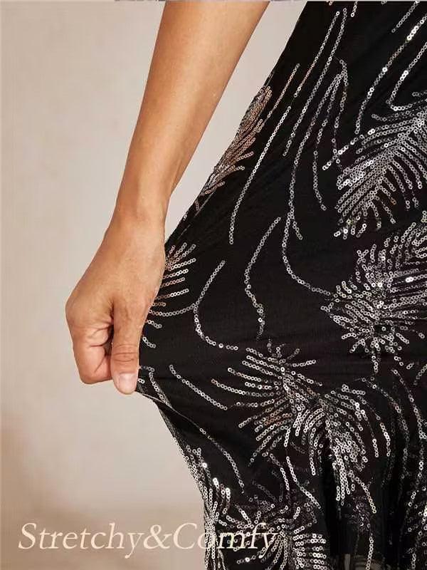 Vestido largo evasé sin mangas con tul de lentejuelas - Nhaura
