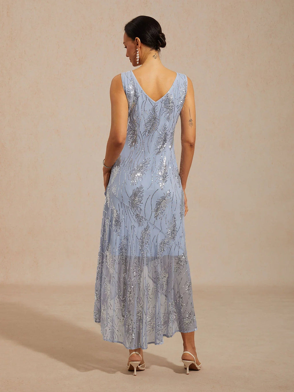 Vestido largo evasé sin mangas con tul de lentejuelas - Nhaura