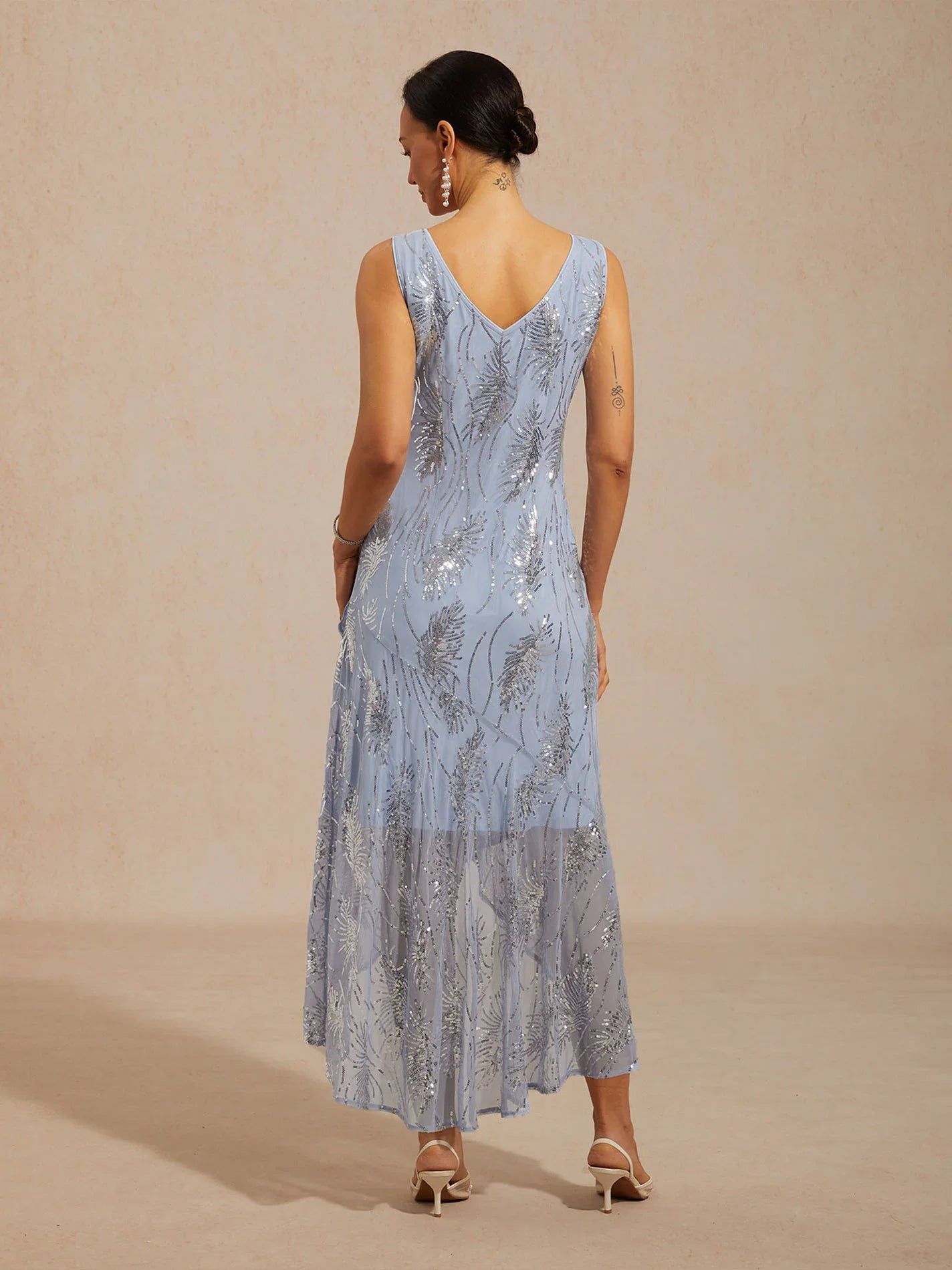 Vestido largo evasé sin mangas con tul de lentejuelas - Nhaura