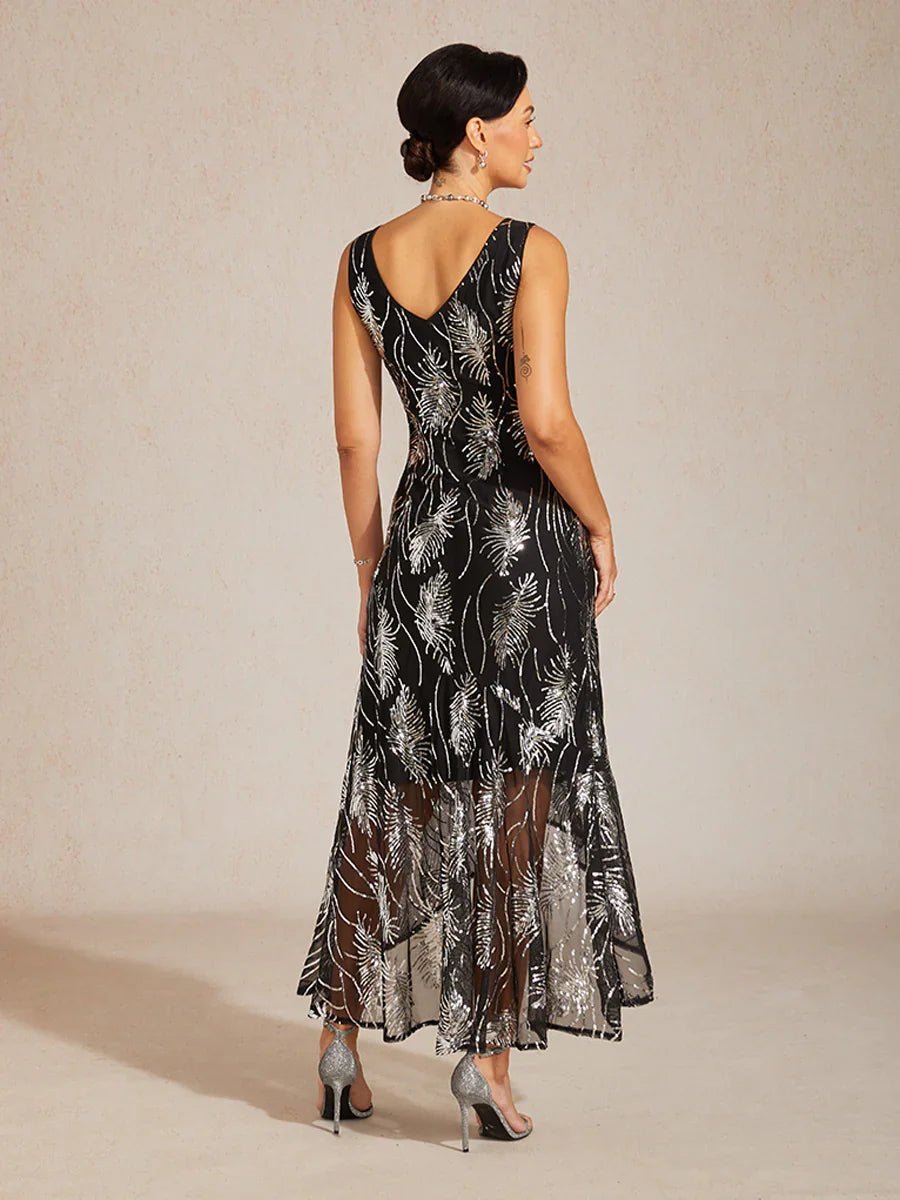 Vestido largo evasé sin mangas con tul de lentejuelas - Nhaura